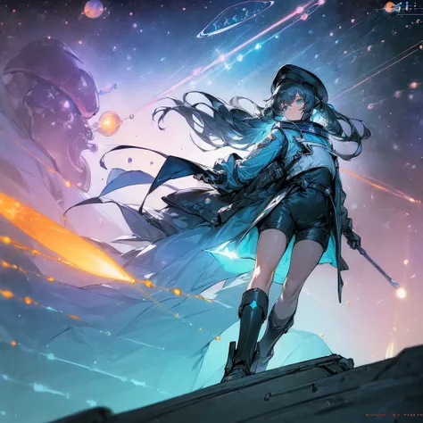 (((((((science fiction space fantasy)))))))A woman, an adult, (A female commander), ((a leader of a fleet of intergalactic armies)), White high ponytail with a glowing light blue highlights at the ends, Wielding a sword with deep blue aura, the mystical bl...