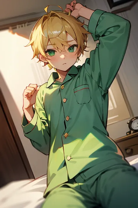 Boy with green eyes, blonde hair and pajamas waking up