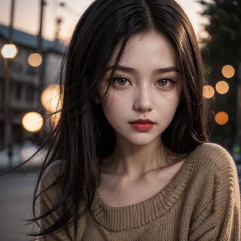 1 17 year old girl, long dark black hair, clear skin, big brown eyes, Slim appearance, Red lips, sueter, da la back, head down, outside, evening, hands, face, back