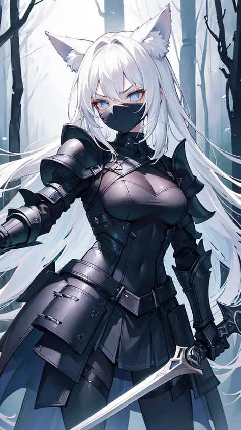 a single girl with black armor standing in middle of the night with a black broadsword, 1girl, humanoid, anthro girl, furry girl, wolf ears, white hair, white skin, black blindfold, night in the forest, angry face, black armor, beautiful background, 4k, in...