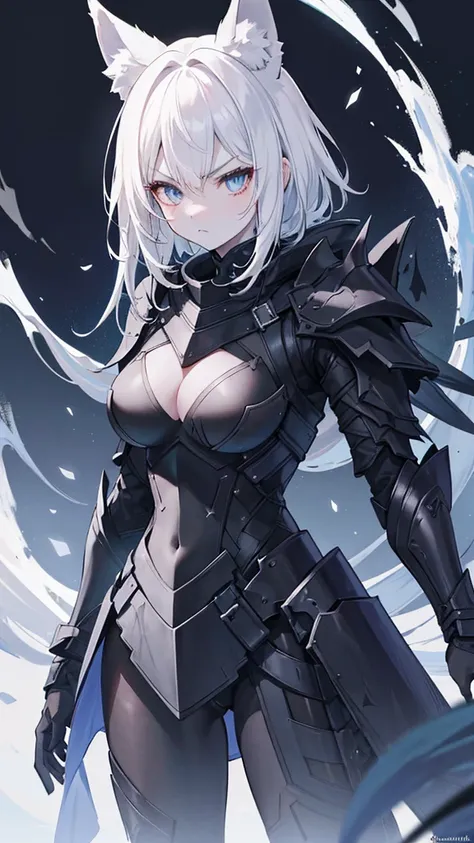 a single girl with black armor standing in middle of the night with a black broadsword, 1girl, humanoid, anthro girl, furry girl, wolf ears, white hair, white skin, black blindfold, night in the forest, angry face, black armor, beautiful background, 4k, in...