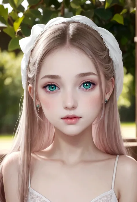 young girl, ( envuelta en una White skin)* eyes are a deep blue-green color, White skin, rubbed cheeks, sincellied nose, small pink lips,gentle and elegant look, , dress, Renaissance, dark green eyes hair, dark brown*