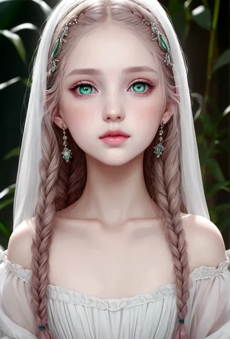 young girl, ( envuelta en una White skin)* eyes are a deep blue-green color, White skin, rubbed cheeks, sincellied nose, small pink lips,gentle and elegant look, , dress, Renaissance, dark green eyes hair, dark brown*