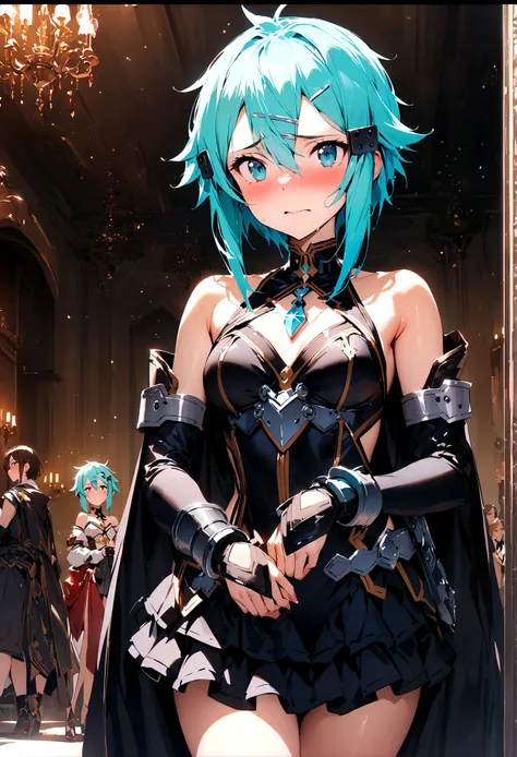 NSFW,masterpiece,Highest quality,High resolution,Super detailed,Sinon(Sword Art Online),Bare shoulders,Removable sleeves,Hand guard,leotard,Cape,Frilled mini skirt,gem, hair ornaments, Hair Clip,Embarrassed,A patient face,(Lust),(Estrus),blush,Fantasy,Adve...