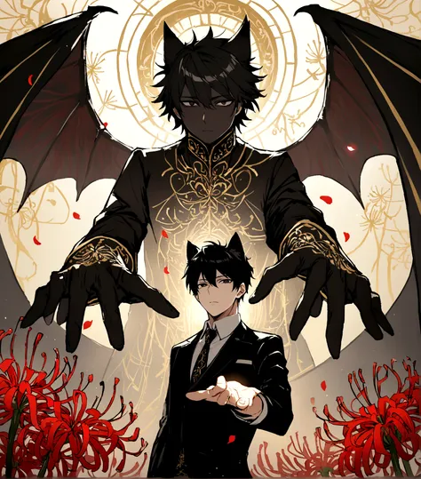 male,Black Hair, Detailed and precise manual work,Black cat ears,Dark Eyes,Long, narrow eyes,Big devil wings,Reaching out,Five Fingers,Great light,A striking subject among the red spider lilies, Petals flutter,A delicate black suit with gold patterns,Hand-...