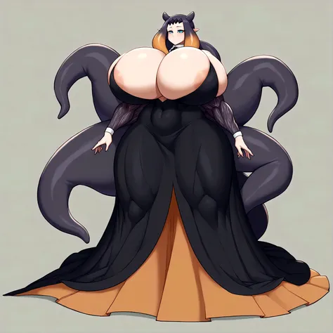 tlps, ninomae hair, ninomae tentacles, gigantic muscular body, huge breasts, 4 arms, full body.