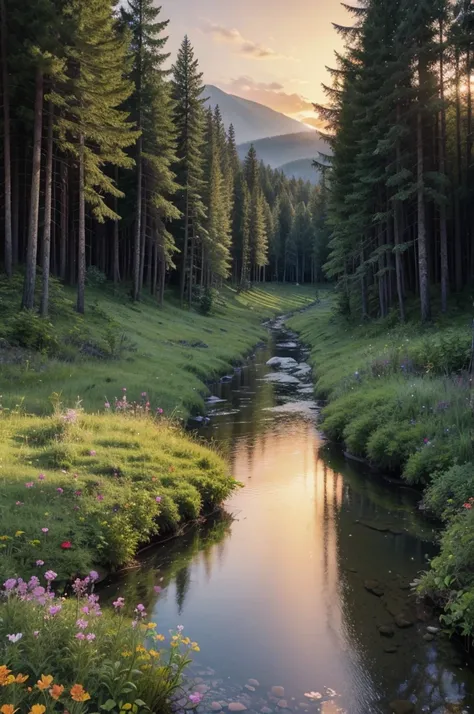 Create an image of a lush forest filled with tall, dense trees with vibrant green leaves. In the center of the forest, there is a crystal clear stream that gently meanders through the land, reflecting the colors of the sunset. The sunset is stunning, with ...