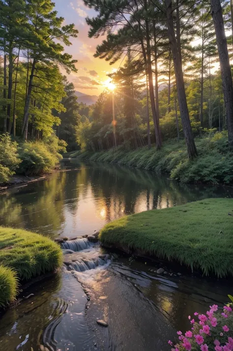 Create an image of a lush forest filled with tall, dense trees with vibrant green leaves. In the center of the forest, there is a crystal clear stream that gently meanders through the land, reflecting the colors of the sunset. The sunset is stunning, with ...