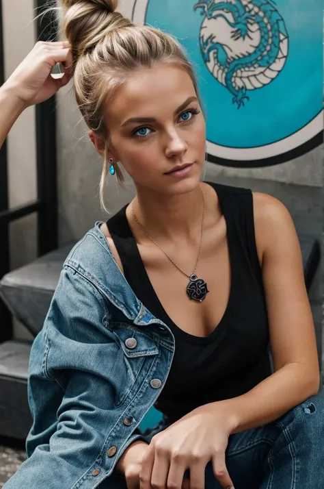 Woman with dark blonde hair in a messy bun, blue eyes. She wears jeans, a black top and black chucks. She got a turquoise tattoo of a dragon on her wrist 