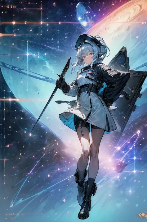 (((((((science fiction space fantasy)))))))A woman, an adult, (A female commander), ((a leader of a fleet of intergalactic armies)), White high ponytail with a glowing light blue highlights at the ends, Wielding a sword with deep blue aura, the mystical bl...