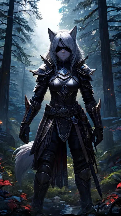 a single girl with black armor standing in middle of the night with a black broadsword, 1girl, humanoid, anthro girl, furry girl, wolf ears, white hair, white skin, no eyes, black blindfold, night in the forest, angry face, black armor, beautiful backgroun...