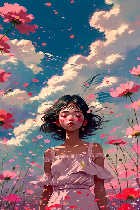 a woman standing in a field of flowers with a sky background, a digital painting inspired by Yanjun Cheng, pixiv contest winner, digital art, a beautiful artwork illustration, artwork in the style of guweiz, trending on artstration, lofi girl, digital anim...