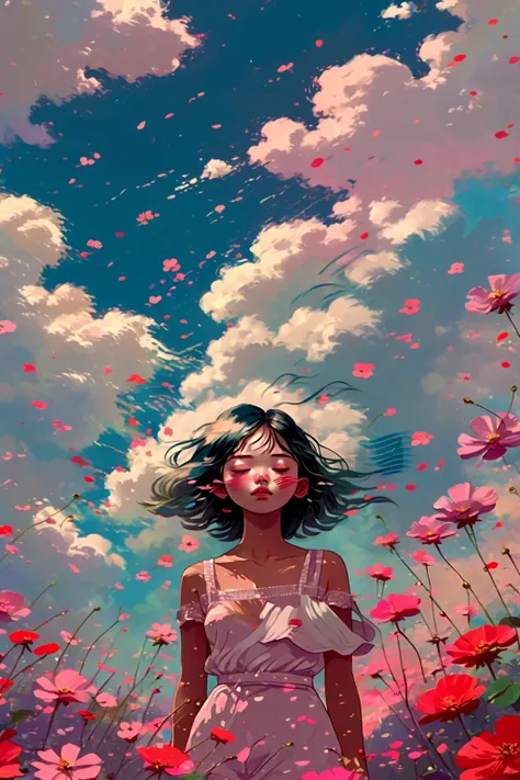 a woman standing in a field of flowers with a sky background, a digital painting inspired by yanjun cheng, pixiv contest winner,...