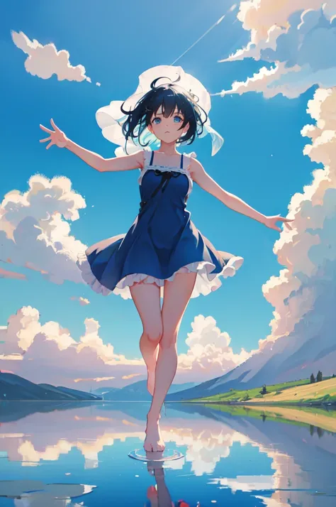 1thumb, scenery, landscape, 1girl, solo, long hair, (sundress:1.4), blue hair, standing, sky, frills, frilled skirt, barefoot, zettai ryouiki, day, strap dress, (short dress:1.5), square neckline, lace trim, nature, sad, gloomy, sunshine, tears, sleeveless...