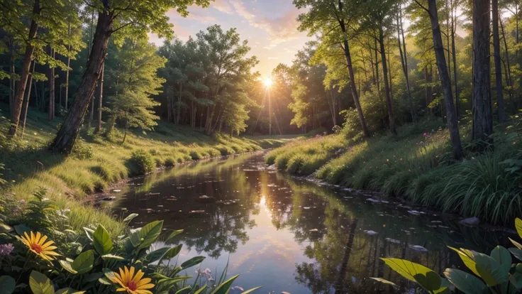 Create an image of a lush forest filled with tall, dense trees with vibrant green leaves. In the center of the forest, there is a crystal clear stream that gently meanders through the land, reflecting the colors of the sunset. The sunset is stunning, with ...