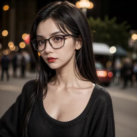 1 17 year old girl, dark black hair, clear skin, big brown eyes, Slim appearance, Red lips, glasses, sueter ( turn your back, street, evening, Head down