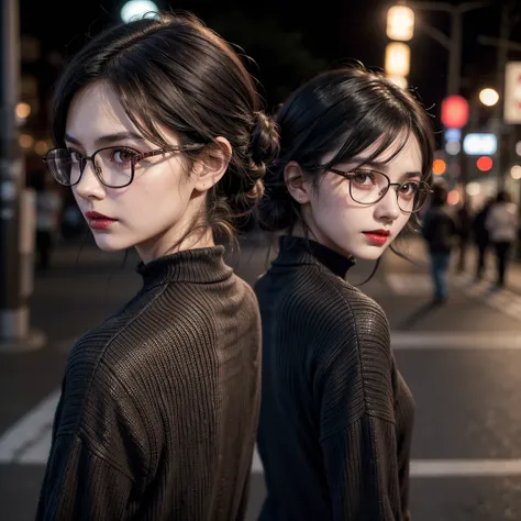 1 17 year old girl, dark black hair, clear skin, big brown eyes, Slim appearance, Red lips, glasses, sueter ( turn your back, street, evening, Head down