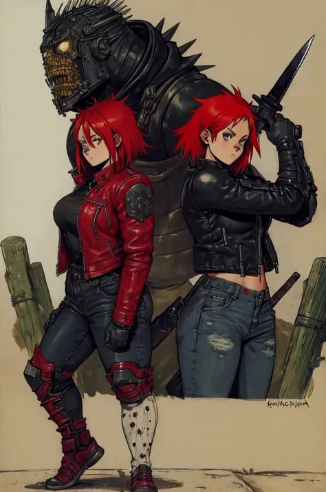 dorohedoro style, sexy young girl, a knight's helmet with short red hair sticking out from under it, a heavy leather jacket with...