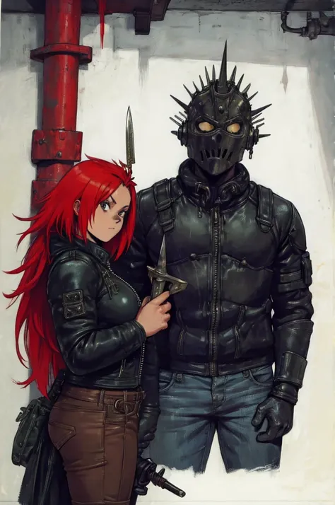 dorohedoro style, sexy young girl, a knight's helmet with short red hair sticking out from under it, a heavy leather jacket with...