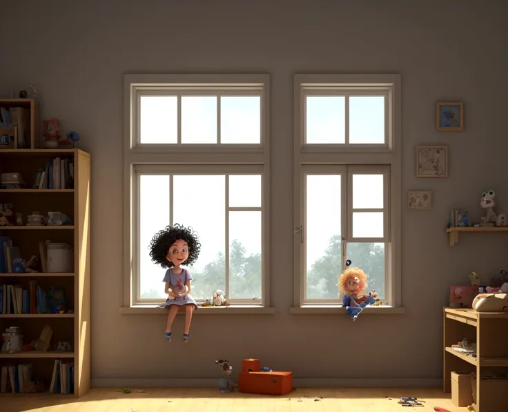 cartoon of a sad girl with curly hair crying at the window, 3d animation film, animated film, pixar 3d animation style, pixar re...