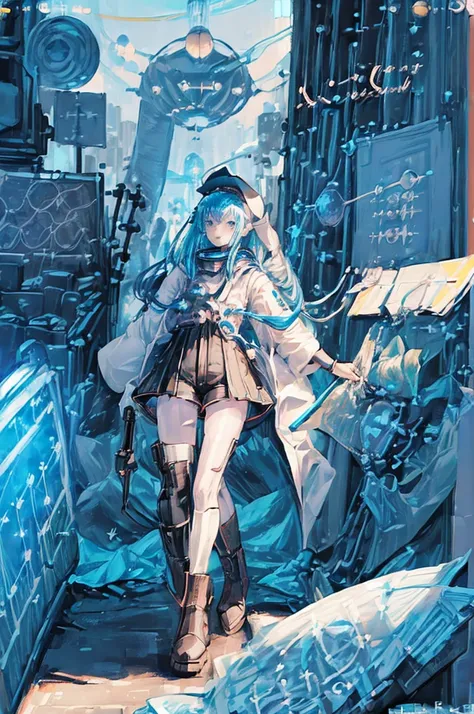 (((((((science fiction space fantasy)))))))A woman, an adult, (A female commander), ((a leader of a fleet of intergalactic armies)), White high ponytail with a glowing light blue highlights at the ends, Wielding a sword with deep blue aura, the mystical bl...