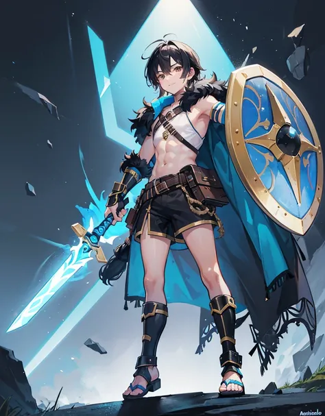 Young boy with black hair, brown eyes and olive skin, innocent and happy, wearing neon blue barbarian fur tunic, black shorts, gauntlets and sandals, weilding sword and shield, blue armor, fullbody, medieval background, boyish athletic