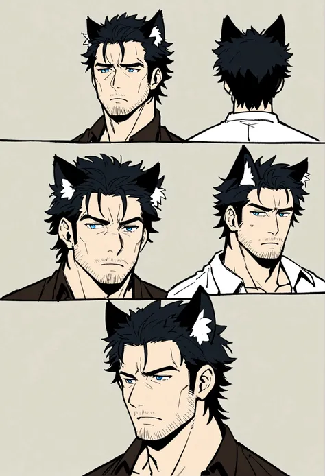 mature,chiseled chin,rugged face,half body,Anime character with black hair and shirt standing, Wolf ears，Wolf Tail，demihuman,demiwolf,kemonomimi,light stubble, Anime handsome man, Anime portrait of a handsome man,mature,blue eyes,tired,short hair,bara,bore...