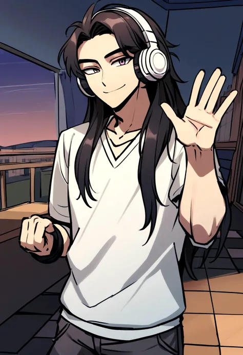 arafed man with long hair and headphones on, symmetrical face orelsan, twitch streamer, very slightly smiling, he is about 25 years old, waving at camera