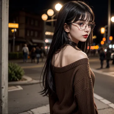 1 17 year old girl, dark black hair, fringe, clear skin, big brown eyes, Slim appearance, Red lips, glasses, sueter ( turn your back, street, evening)