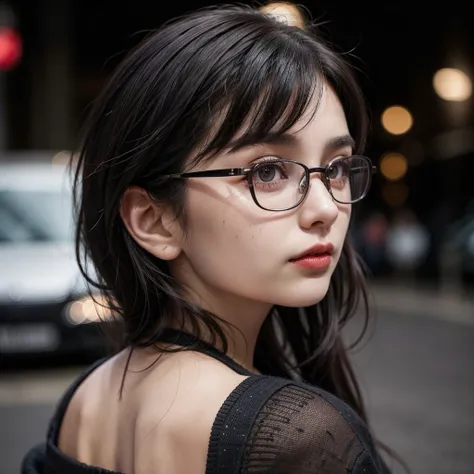 1 17 year old girl, dark black hair, fringe, clear skin, big brown eyes, Slim appearance, Red lips, glasses, sueter ( turn your back, street, evening)