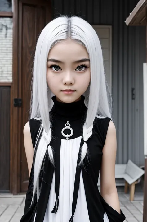 15-year-old girl with appearance from the series The Owl House, with long black and white hair with black and white eyes with a yin and yang iris, slim, white and soft skin, very beautiful 