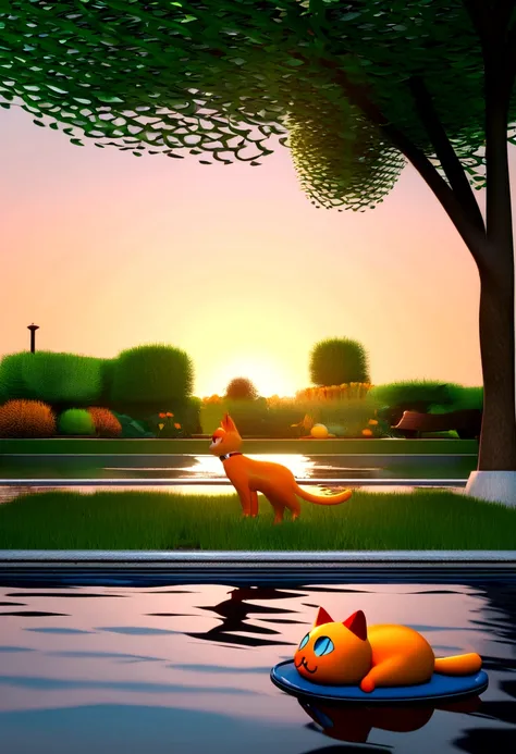 A orange cat with fish cover in a park in 3d style 