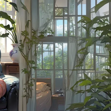 (((hotel room))),(((big windows with jungle view)))