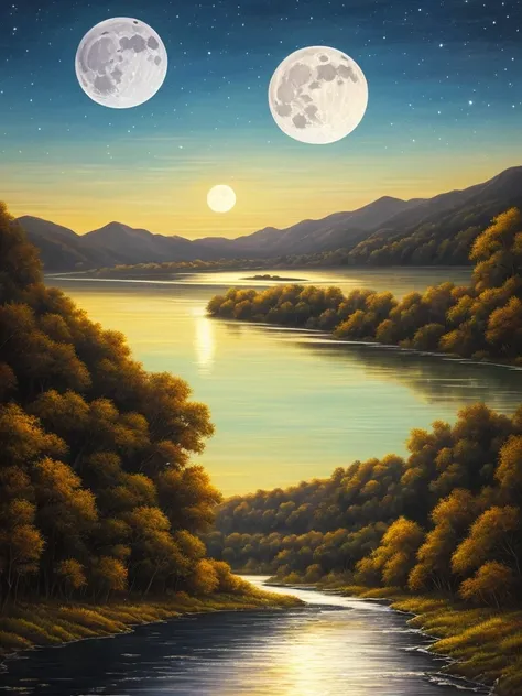 a painting of a river with a full moon in the sky, beautiful moonlight, beautiful moonlight night, beautiful moon light, stunning moonlight and shadows, night time moonlight, moonlit night, moonlit night dreamy atmosphere, dramatic moonlight, nighttime nat...