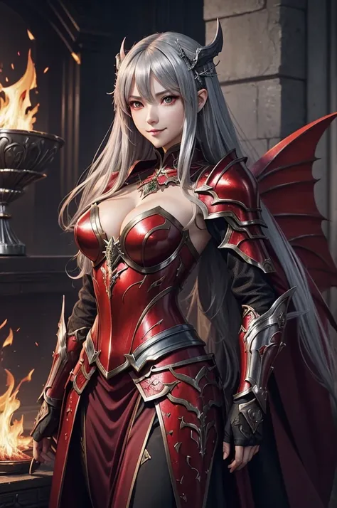 8K、Chest armor with a red flame motif,A bewitching succubus wearing luxurious red armor.、A long skirt with a luxurious red flame motif,An Arafed woman poses for a photo with a sword and armor、Beautiful wavy silver hair、large full breasts、Chest armor with f...