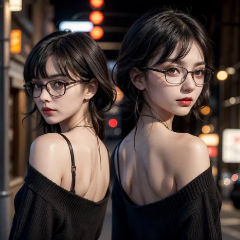 1 17 year old girl, dark black hair, fringe, short, clear skin, big brown eyes, Slim appearance, Red lips, glasses, sueter ( turn your back, street, evening)