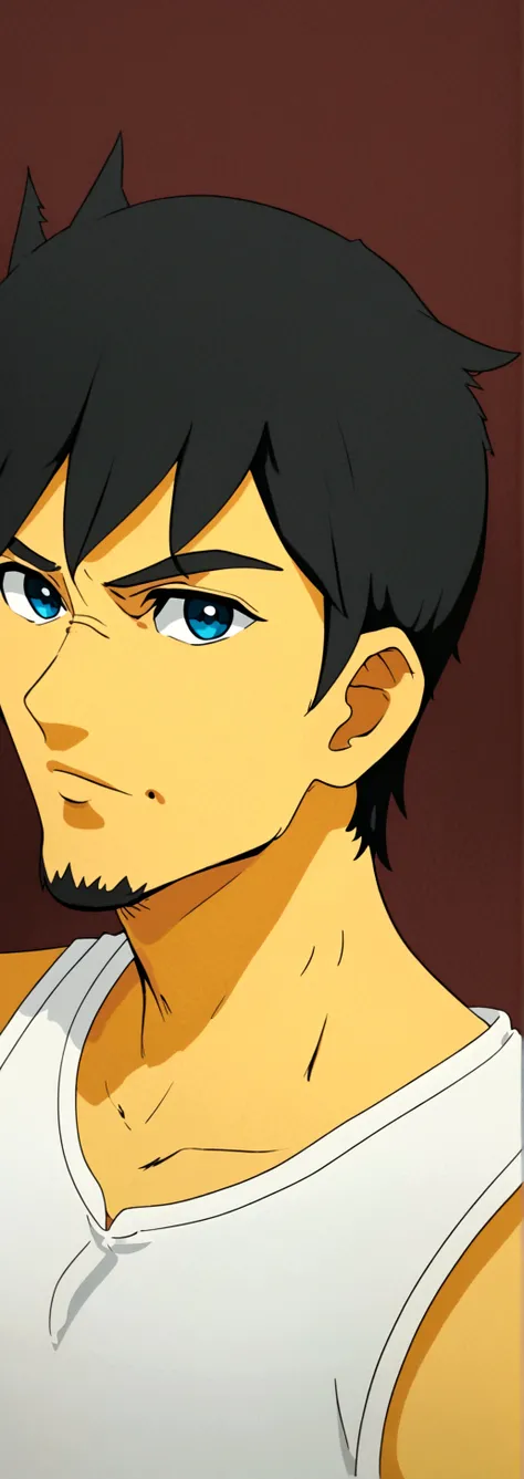 mature,chiseled chin,rugged face,half body,Anime character with black hair and shirt standing, Wolf ears，Wolf Tail，demihuman,demiwolf,kemonomimi,light stubble, Anime handsome man, Anime portrait of a handsome man,mature,blue eyes,tired,short hair,bara,bore...