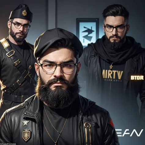 Create a character with these characteristics: naughty man, offwhite, with beard, soldier style haircut, wearing modern glasses and black clothes. In the background of the image behind him with giant symbols of Bitcoin and ethereum. 