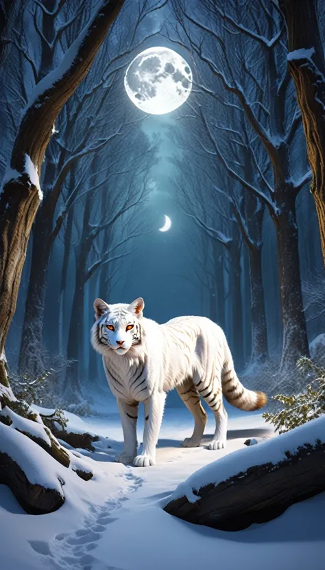 A giant tiger emerges from deep within an ancient forest, Nine tails that spread out gracefully like fans. Sharp golden eyes shining in the moonlight, His pure white fur gives off an otherworldly aura.. This mystical creature exudes an aura of deep wisdom ...