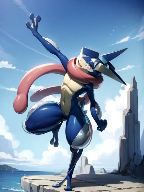 (masterpiece, best quality:1.2),solo,greninja \(pokemon\),pokemon \(creature\),full body,no humans,outstretched arms, long tongu...