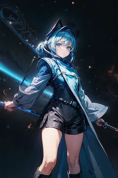 (((((((science fiction space fantasy)))))))A badass woman, an adult, (A female commander), ((a leader of a fleet of intergalactic armies)), White high ponytail with a glowing light blue highlights at the ends, Wielding a sword with deep blue aura, the myst...