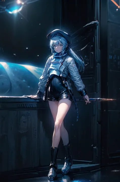 (((((((science fiction space fantasy)))))))A badass woman, an adult, (A female commander), ((a leader of a fleet of intergalactic armies)), White high ponytail with a glowing light blue highlights at the ends, Wielding a sword with deep blue aura, the myst...