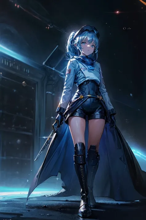 (((((((science fiction space fantasy)))))))A badass woman, an adult, (A female commander), ((a leader of a fleet of intergalactic armies)), White high ponytail with a glowing light blue highlights at the ends, Wielding a sword with deep blue aura, the myst...