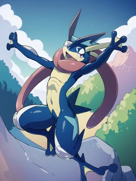 (masterpiece, best quality:1.2),solo,greninja \(pokemon\),pokemon \(creature\),full body,no humans,outstretched arms, long tongu...