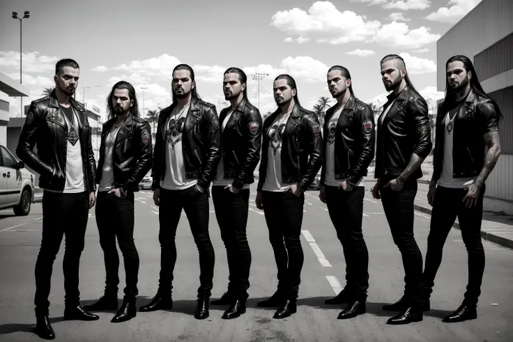 5 men standing in a parking lot, aggressive look, eloy band, slaughterhouse, band promotion, portrait image, profile image, pro - life, promotional photo of the band, threatening look, photo shoot, São Paulo, promotional shot, promo from the proto - metal ...