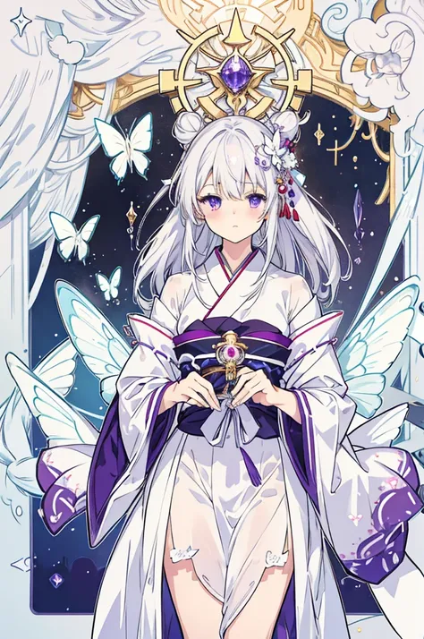 A mystical scene unfolds as a girl with striking purple eyes and snowy white hair dons traditional Japanese attire. Amidst a whimsical atmosphere infused with an anime aesthetic and subtle magic vibes, delicate purple butterflies with translucent wings flu...