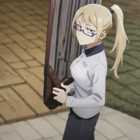 ponytail, blonde hair, 1girl, uniform, without glasses, loose hair, hair cut in layers