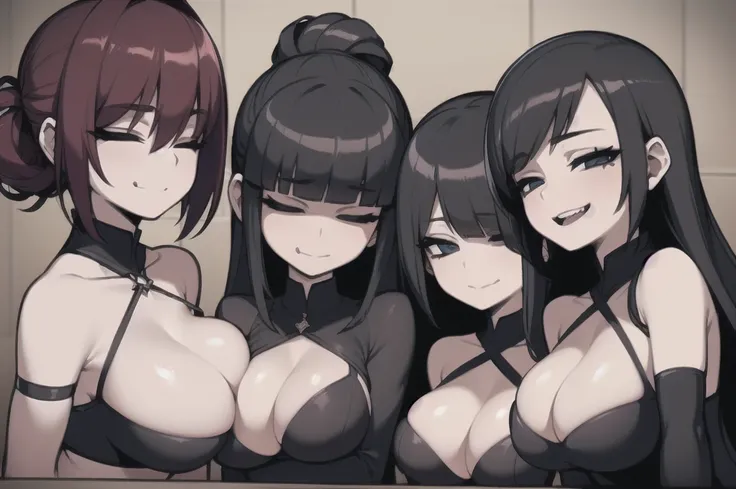 four sexy goth women who are wives of 4 years old boy, looking at camera, seductive smiles, portrait, various hair, closed eyes