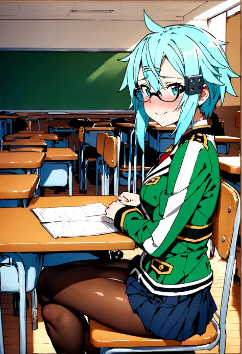 NSFW,masterpiece,Highest quality,High resolution,Super detailed,Sinon(Sword Art Online),Glasses,uniform,mini skirt,pantyhose,Embarrassed,expectant face,smile,blush,School,classroom,Sit on a chair,From the side