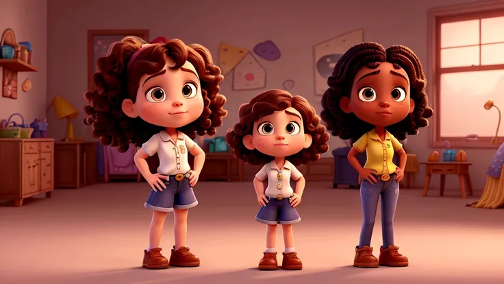 Cartoon of a girl with white curly hair next to her dark-skinned father, and her brunette sister 3D animation film, animated film, pixar 3d animation style, pixar renderman rendering, maia 8 mil, animated film, Disney Pixar 3D Style, , Disney Pixar animati...